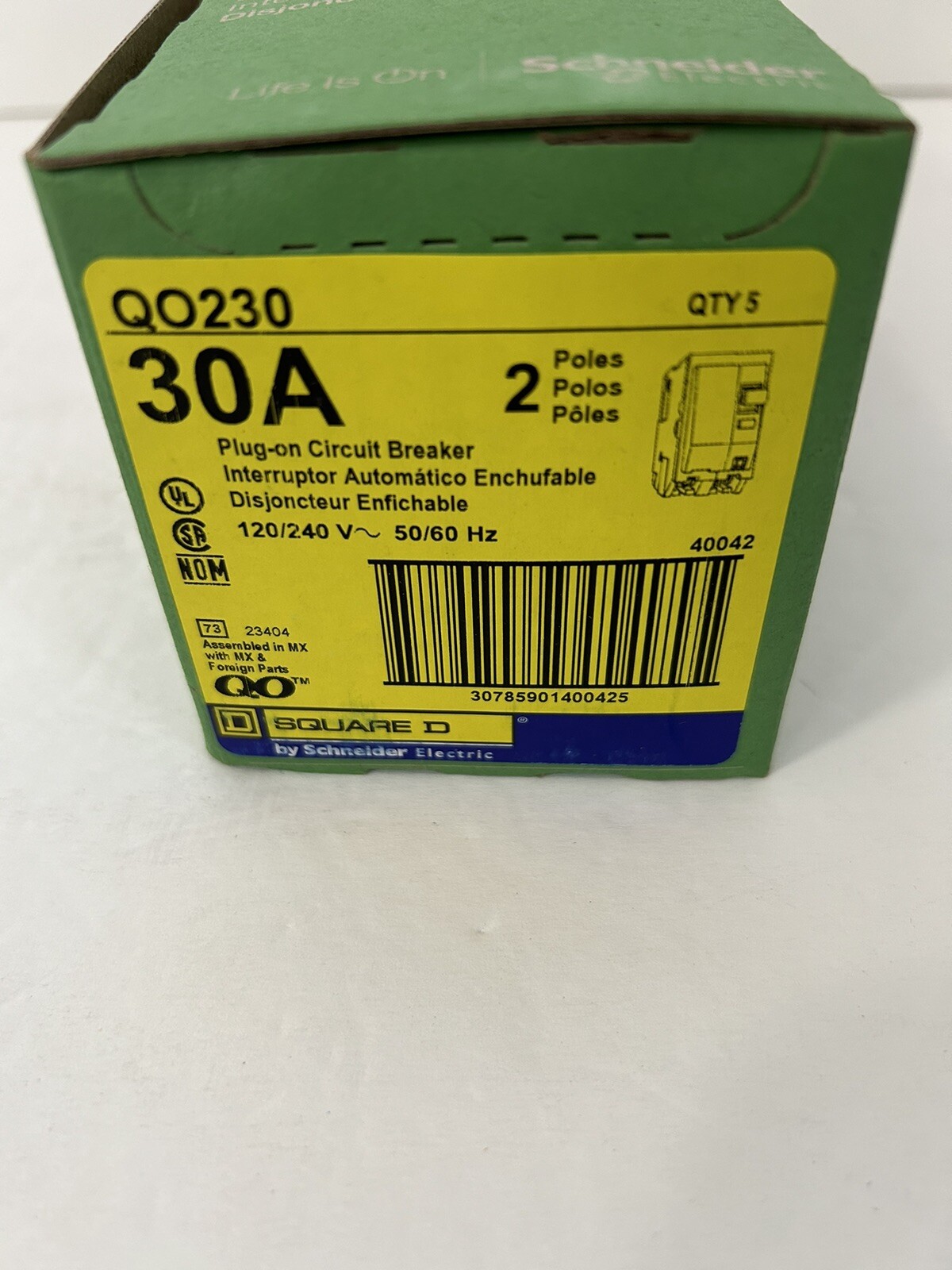 Lot Of 5 Square D QO230 2-Pole 30A 120/240V Plug-In Circuit Breaker