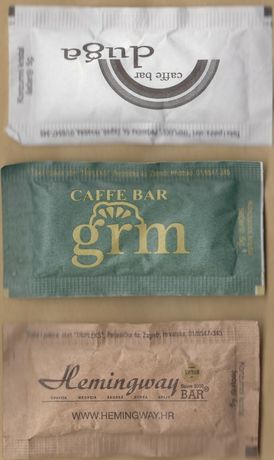 Set of 9 Different Unused Coffee & Tea Sugar Packets Bags from ZAGREB, Croatia
