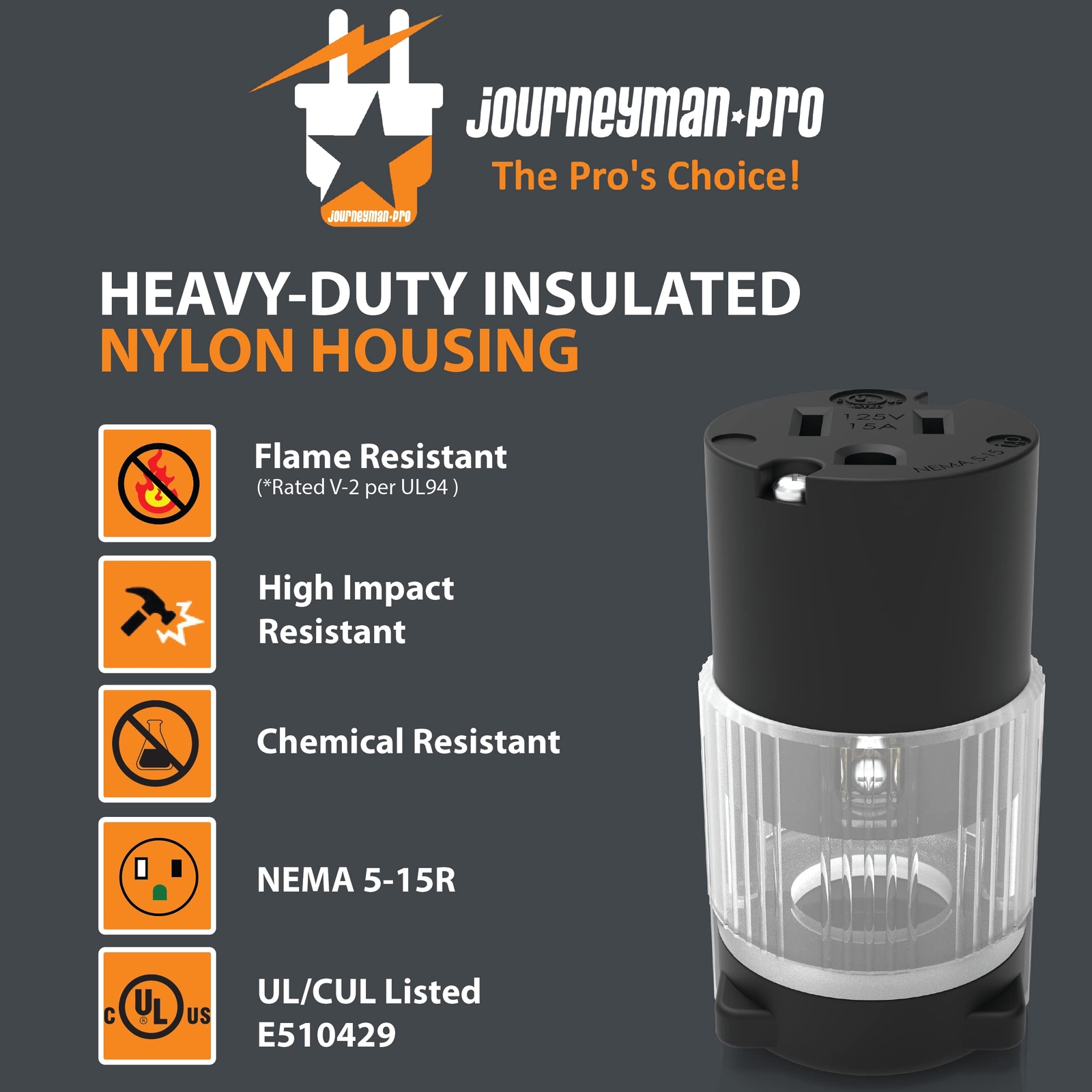 Journeyman-Pro 515PC LIT Lighted Plug & Connector Set 15 Amp 120-125 Volt NEM…