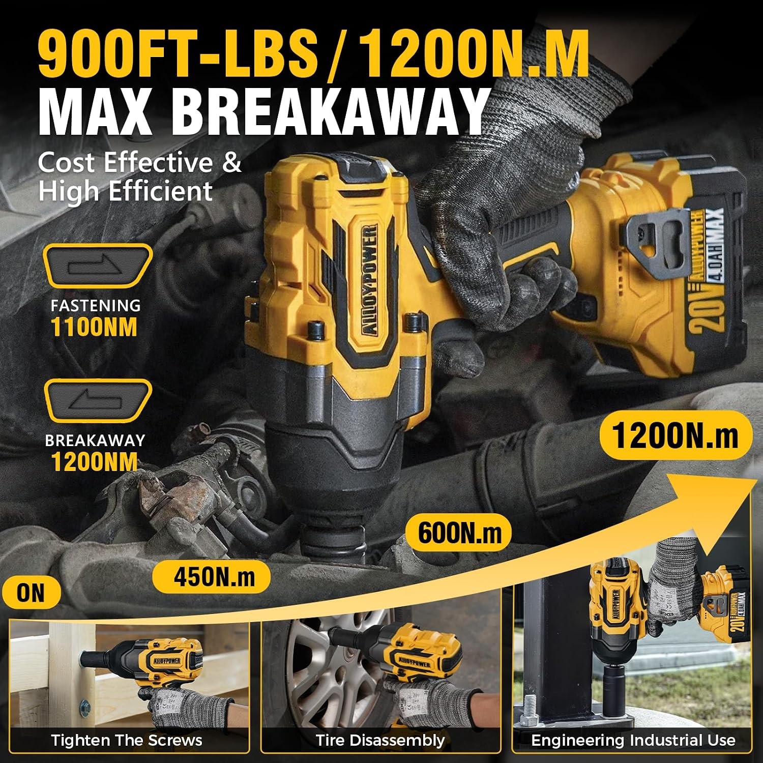 Cordless Impact Wrench, 900Ft-lbs (1200N.m) 1/2″ Brushless Impact Gun, 20V High