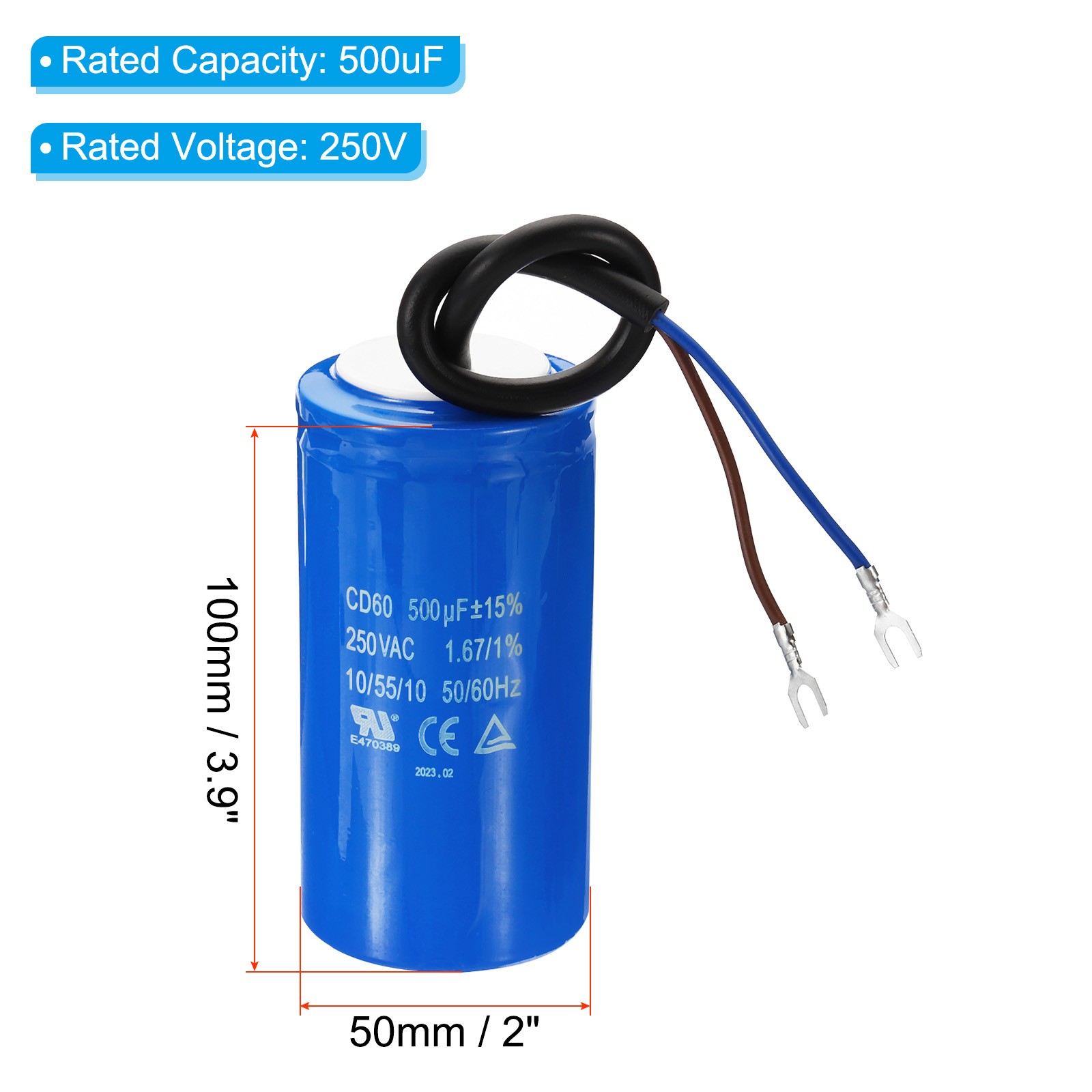 CD60 Run Capacitor 500uF 250VAC 50/60Hz Motor Starting Capacitor with 2 Wires