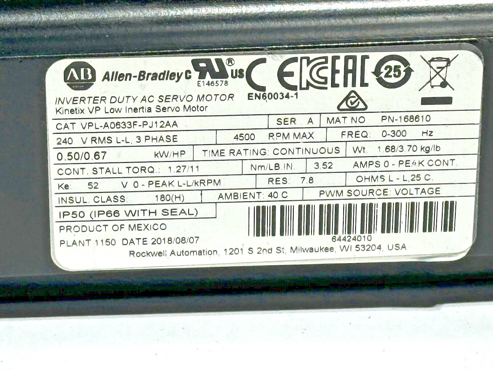 Allen Bradley VPL-A0633F-PJ12AA Low Inertia Servo Motor w/Apex AB060-S2-P1n Gear