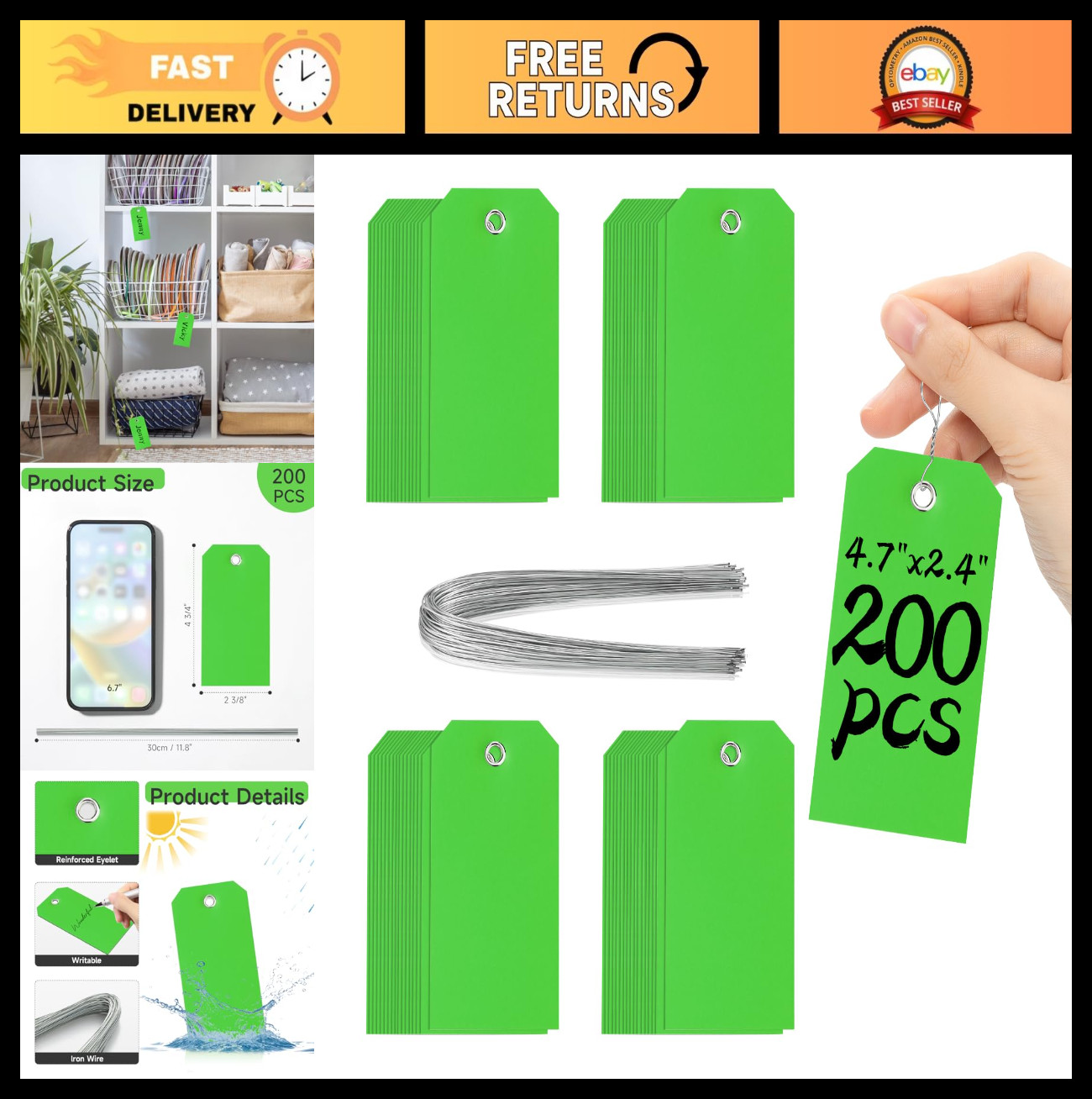 200 Green Plastic Shipping Tags 4.75″ x 2.375″ – 200 Pack, Durable, Waterproof,