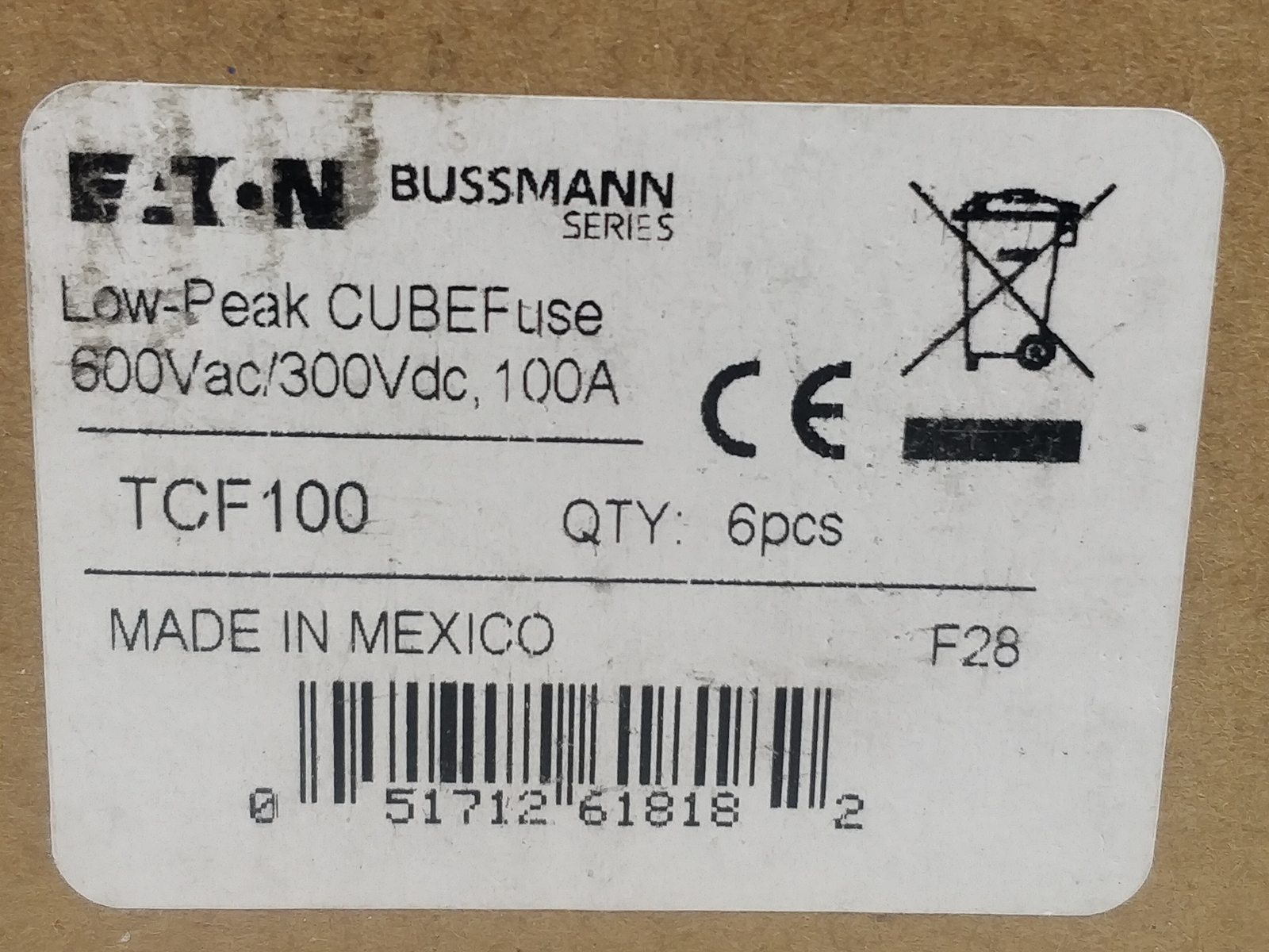 Eaton Tcf100 Fuse Box of 6 Pcs. 100A