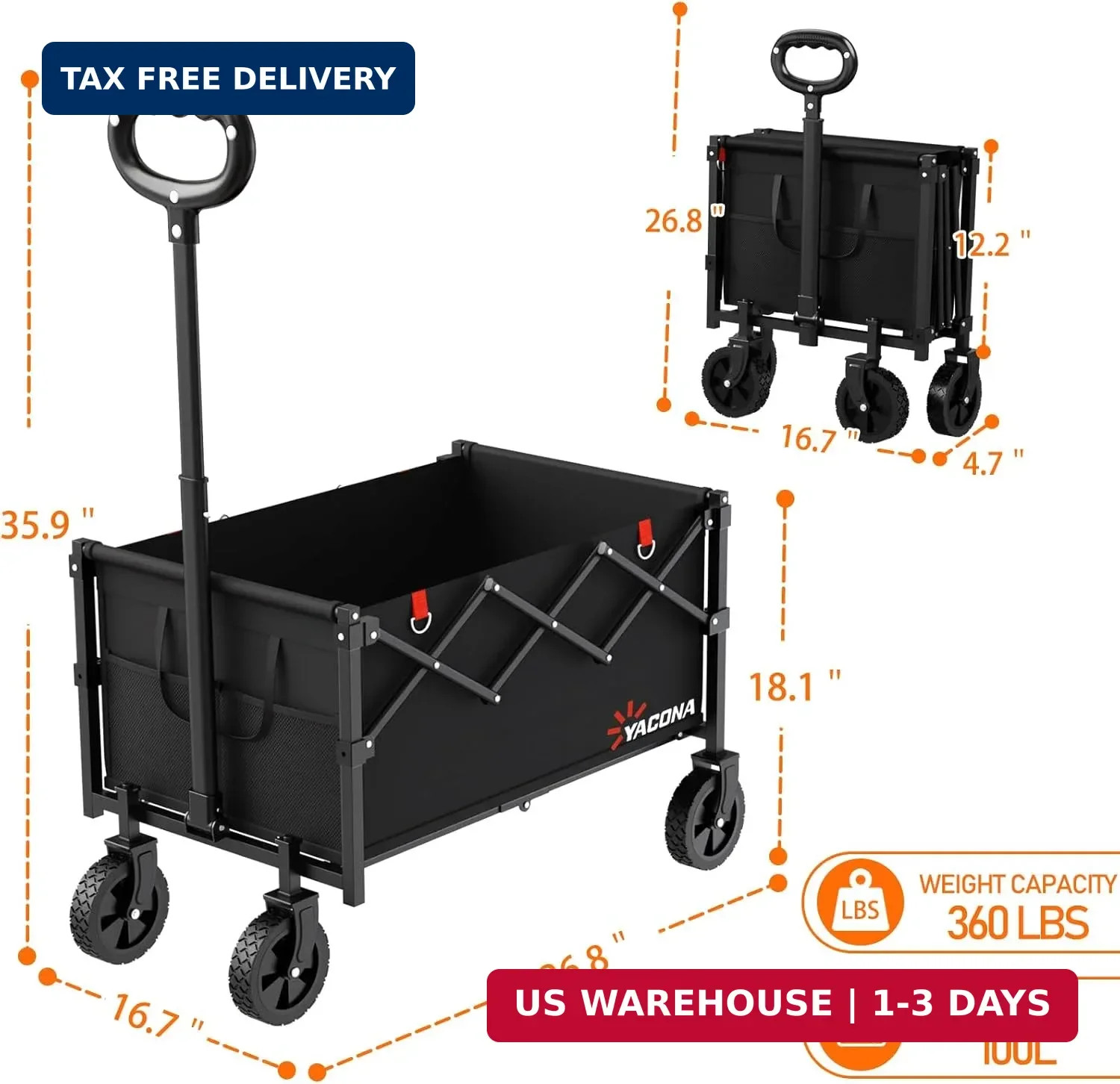 Yozoia Wagons Carts Foldable, Lightweight Portable Utility Shopping Cart with Wh