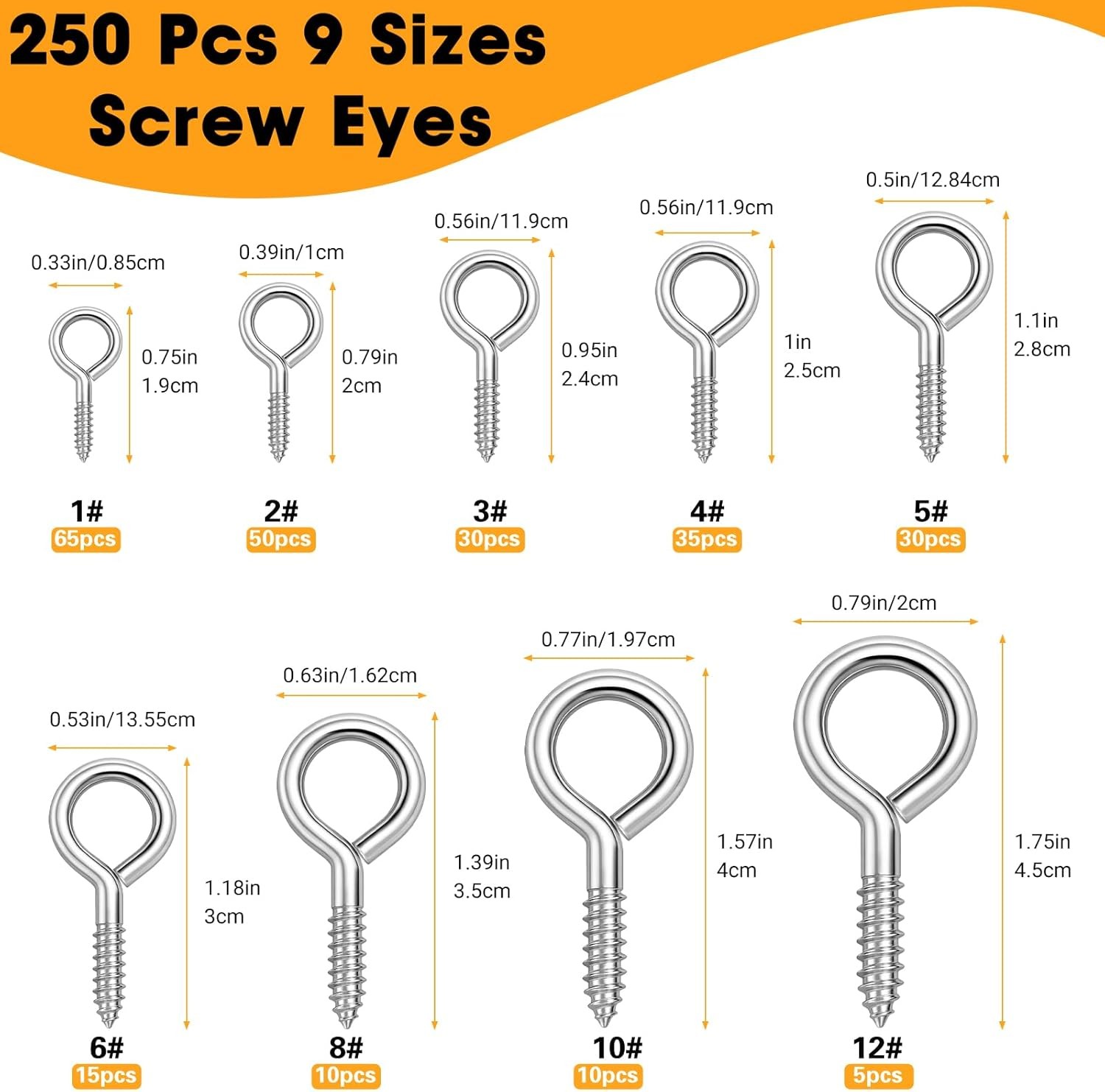 250Pcs Eye Screw Assortment Kit 9 Sizes Heavy Duty Steel Screw-in Hooks Ring Set