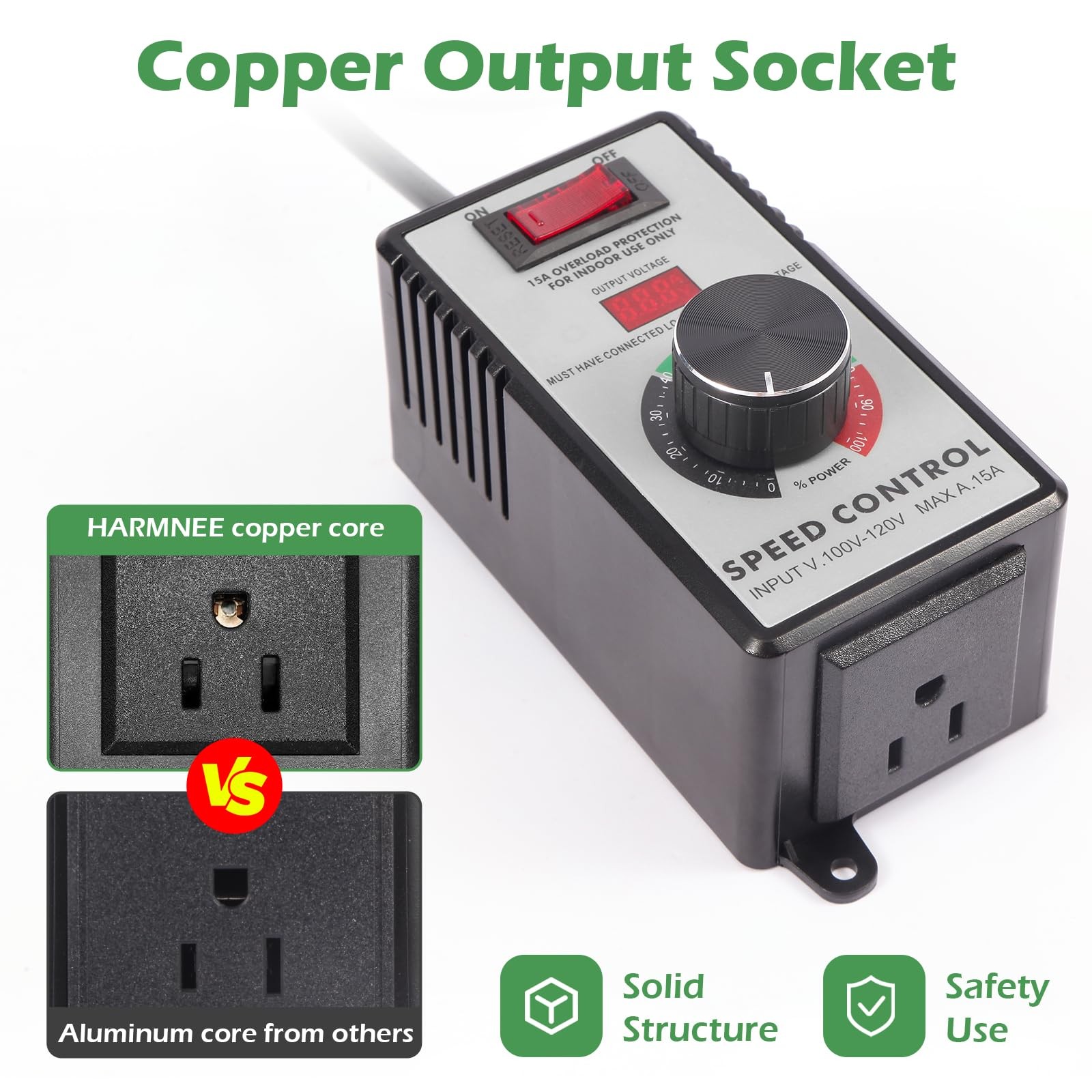 AC Motor Speed Controller 100-120V / 10A Rated / 15A Max Variable Fan Black