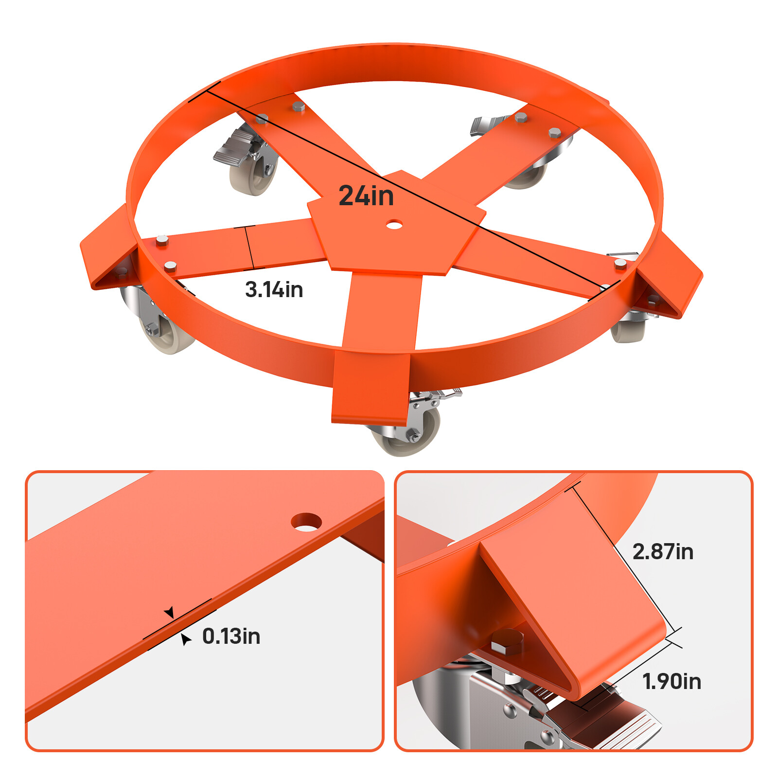 1/2 Pack 55 Gallon Drum Dolly 1250lbs 360° Swivel Casters Heavy Duty Steel Frame