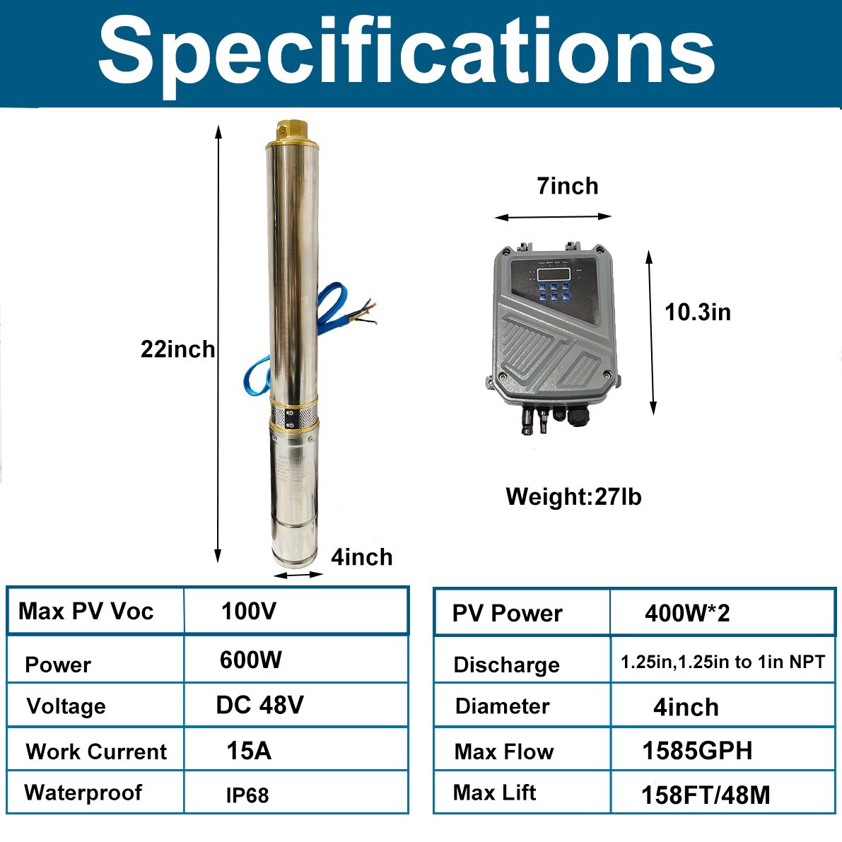 2HP 4in Solar Pump Submersible Pump Bore Deep Well Pump+MPPT Controller DC 110V
