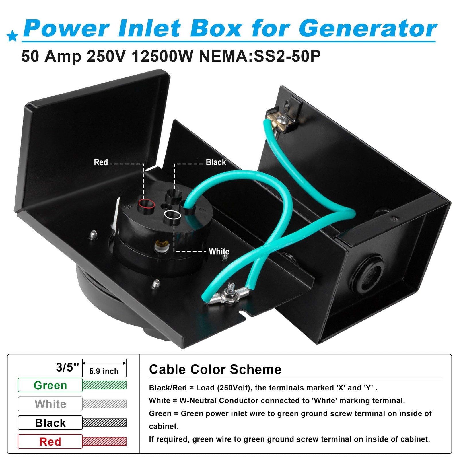 50 Amp Generator Inlet Box,NEMA SS2-50P Power Inlet Box [Pre-Drilled] Enclose…