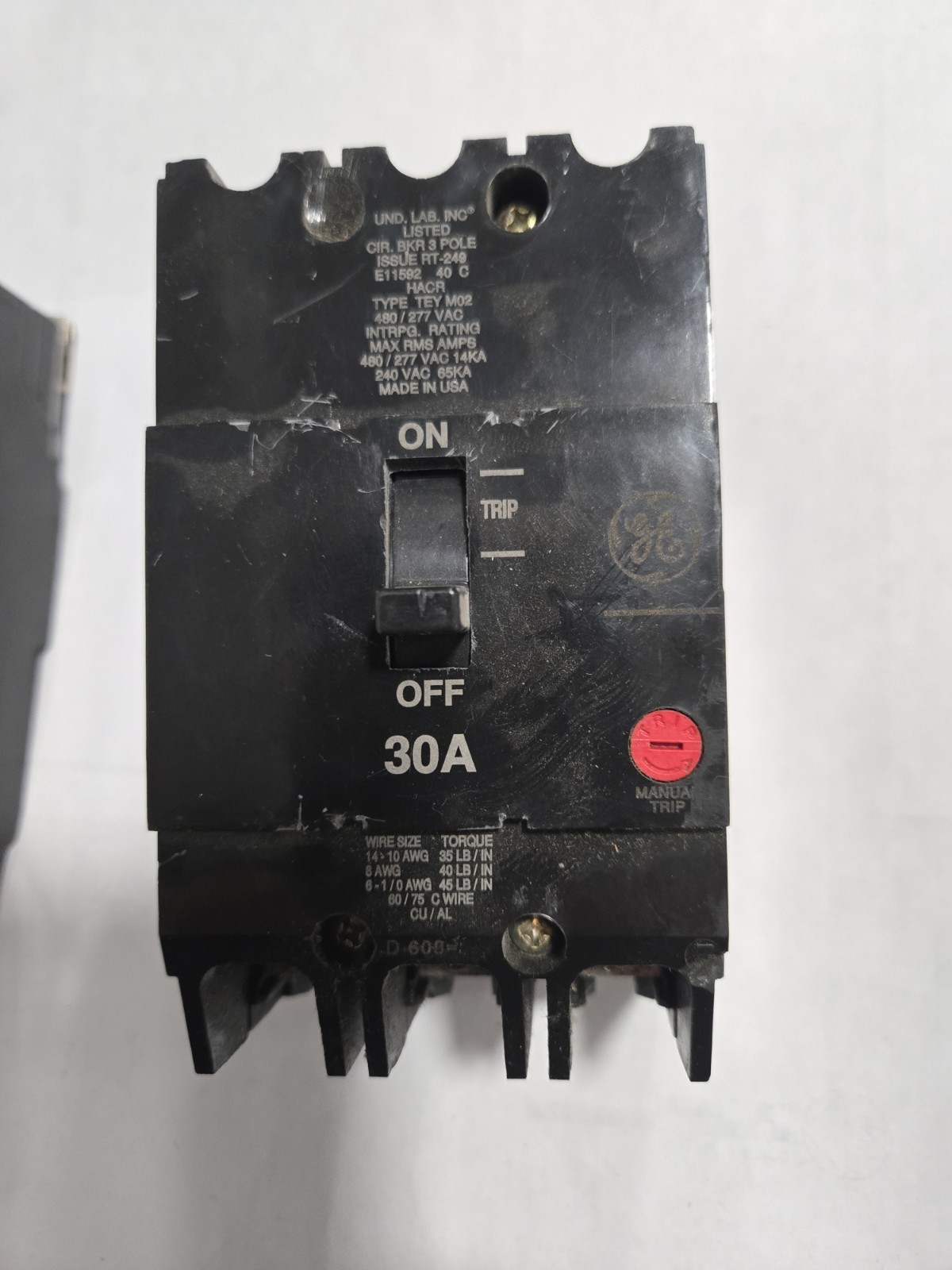 1-GE TEY330 Circuit Breaker 30 Amp Bolt-On 480y/277V