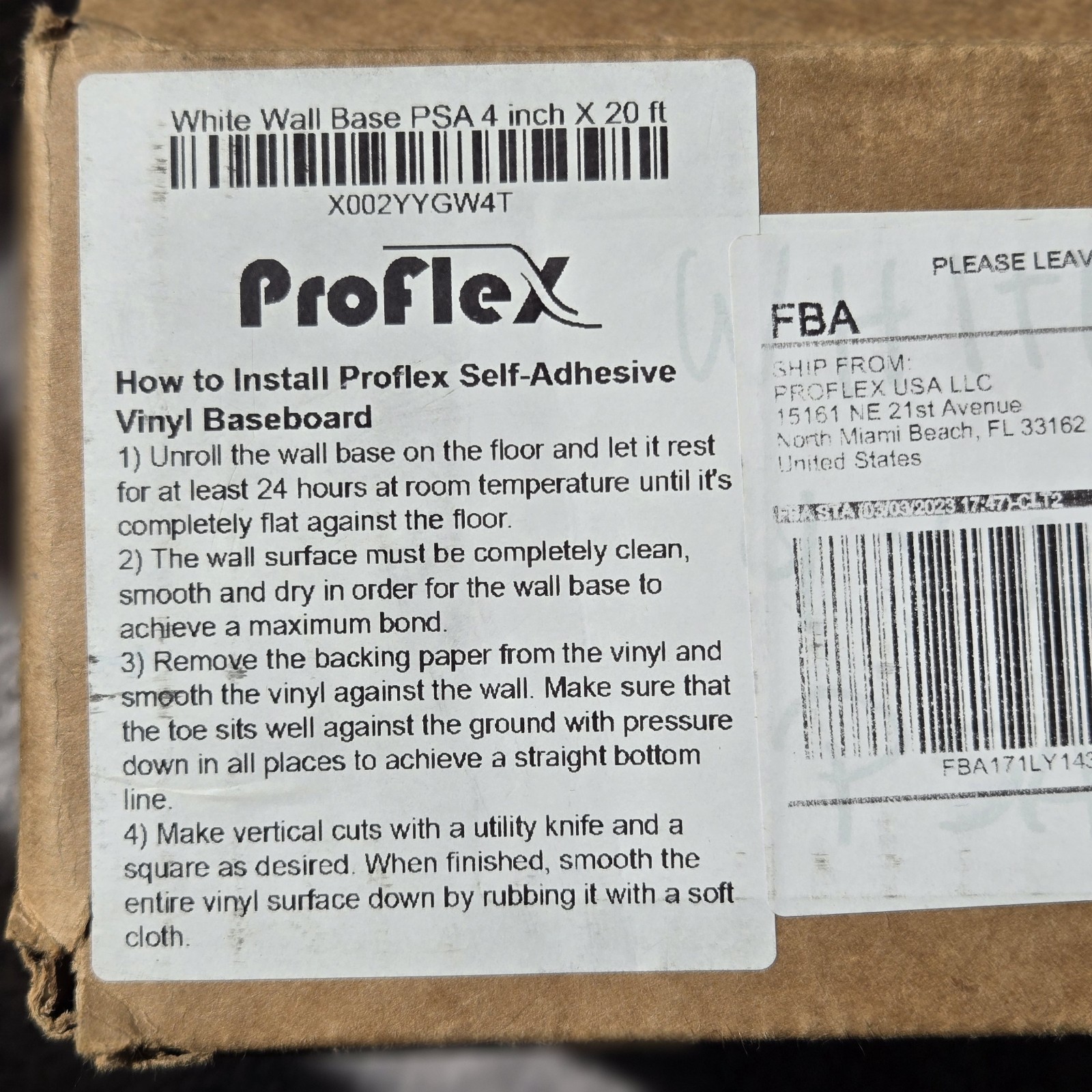 Proflex White Vinyl Wall Base 4 inch X 20 ft Wall Base Trim Self Adhesive NEW