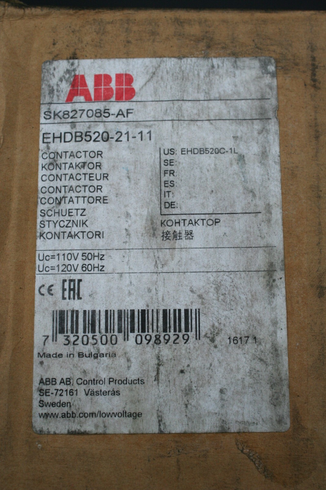 One (1) ABB SK827085-AF Contactor 110 VAC 50 HZ EHDB520-21-11 Bulgaria