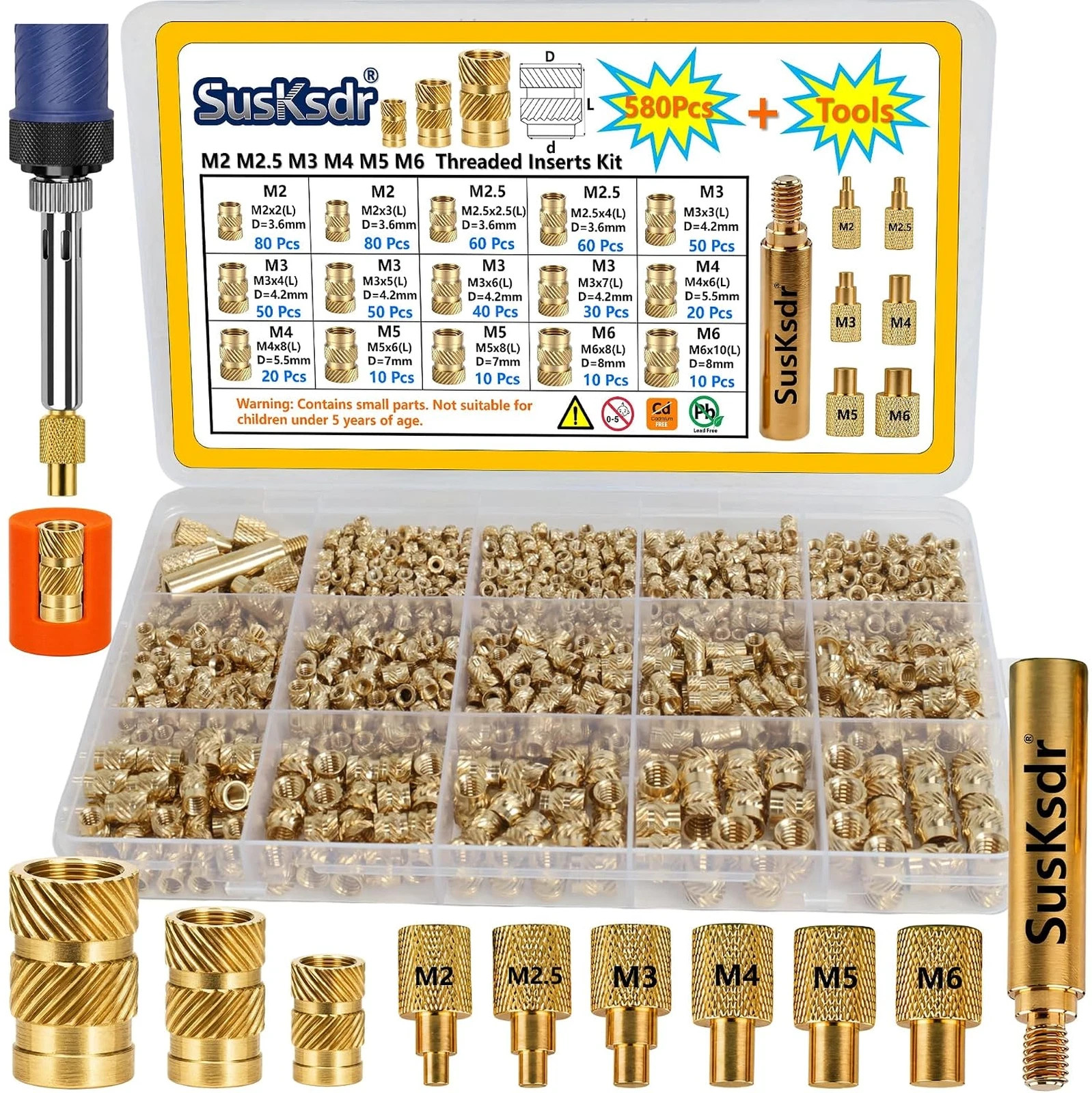 580+7PCS Heat Set Threaded Inserts Kit M2 M2.5 M3 M4 M5 M6 Brass Knurled Inserts