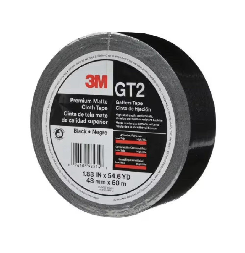 3M™ Premium Matte Cloth (Gaffers) Tape GT2 Black, 1.88″ IN x 54.6′ YD