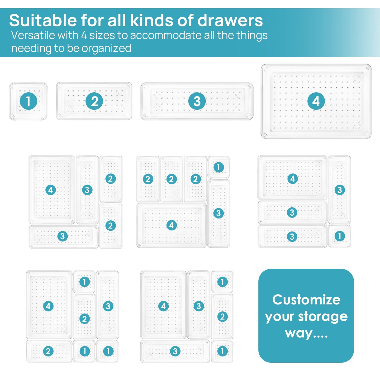 25PC Clear Plastic Drawer Organizers Set 4 Sizes Makeup Office Kitchen