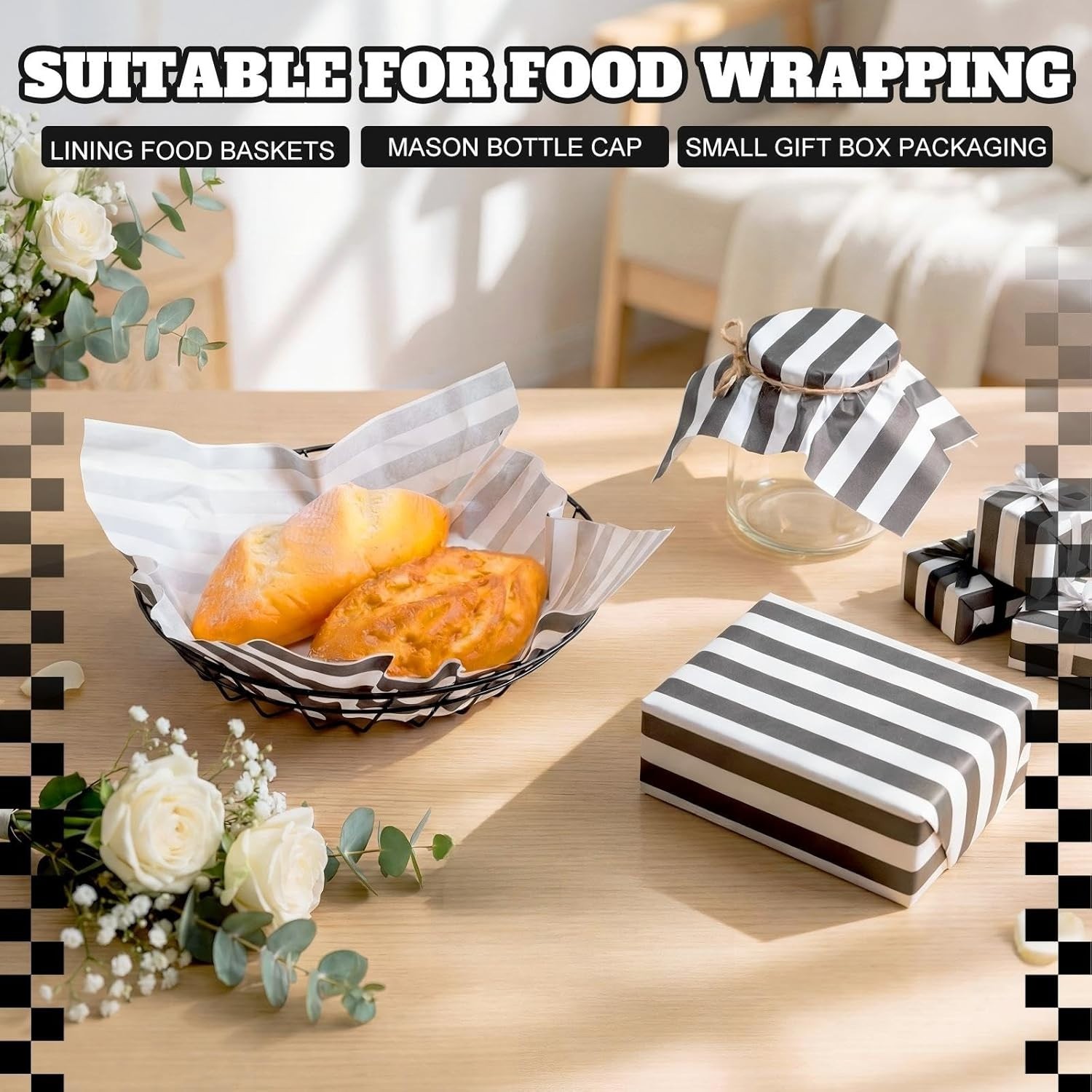100 Sheets Black and White Striped Wax Paper for Food Wrapping 12 X 12 Inches Fo