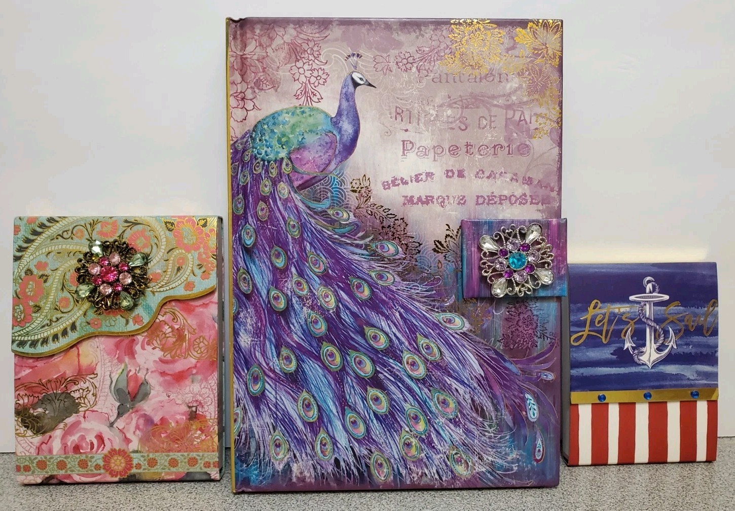 Punch Studio Jeweled Brooch Peacock Journal Plus Flower Note Pad and Nautical