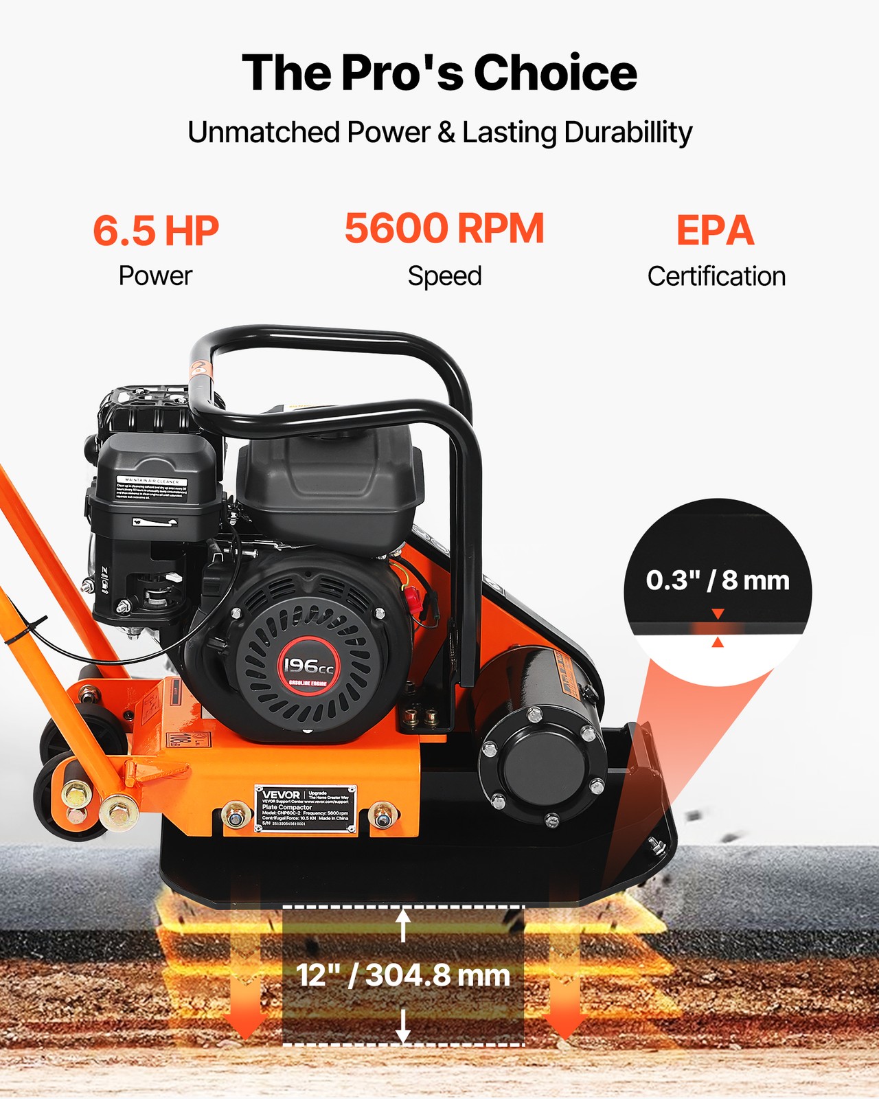 VEVOR 6.5HP Plate Compactor 5600VPM 2360lbs Vibrating Ground Rammer for Asphalt