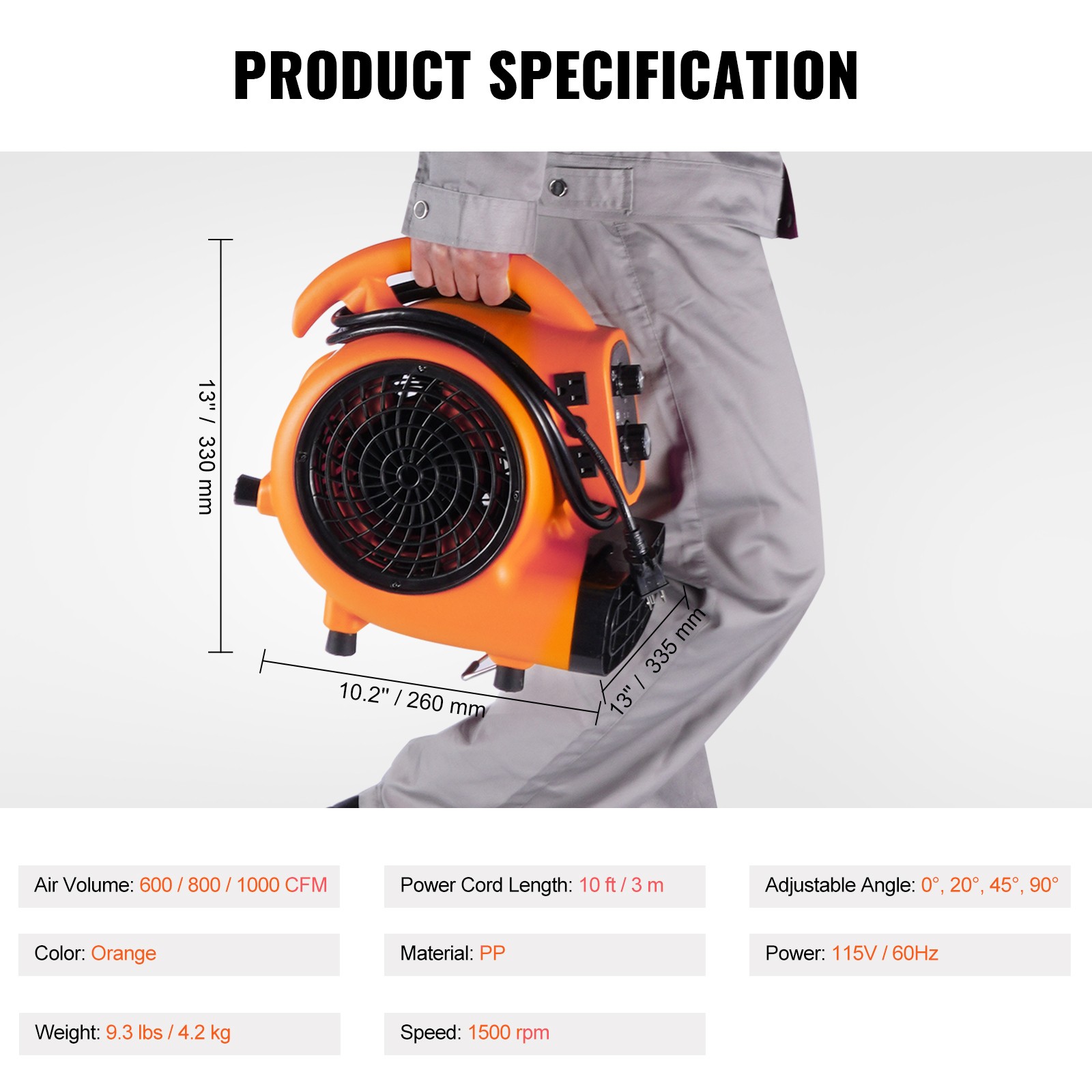 VEVOR 1000 CFM 3-Speed 1/4 HP Adjustable Air Mover Carpet Dryer Blower Floor Fan
