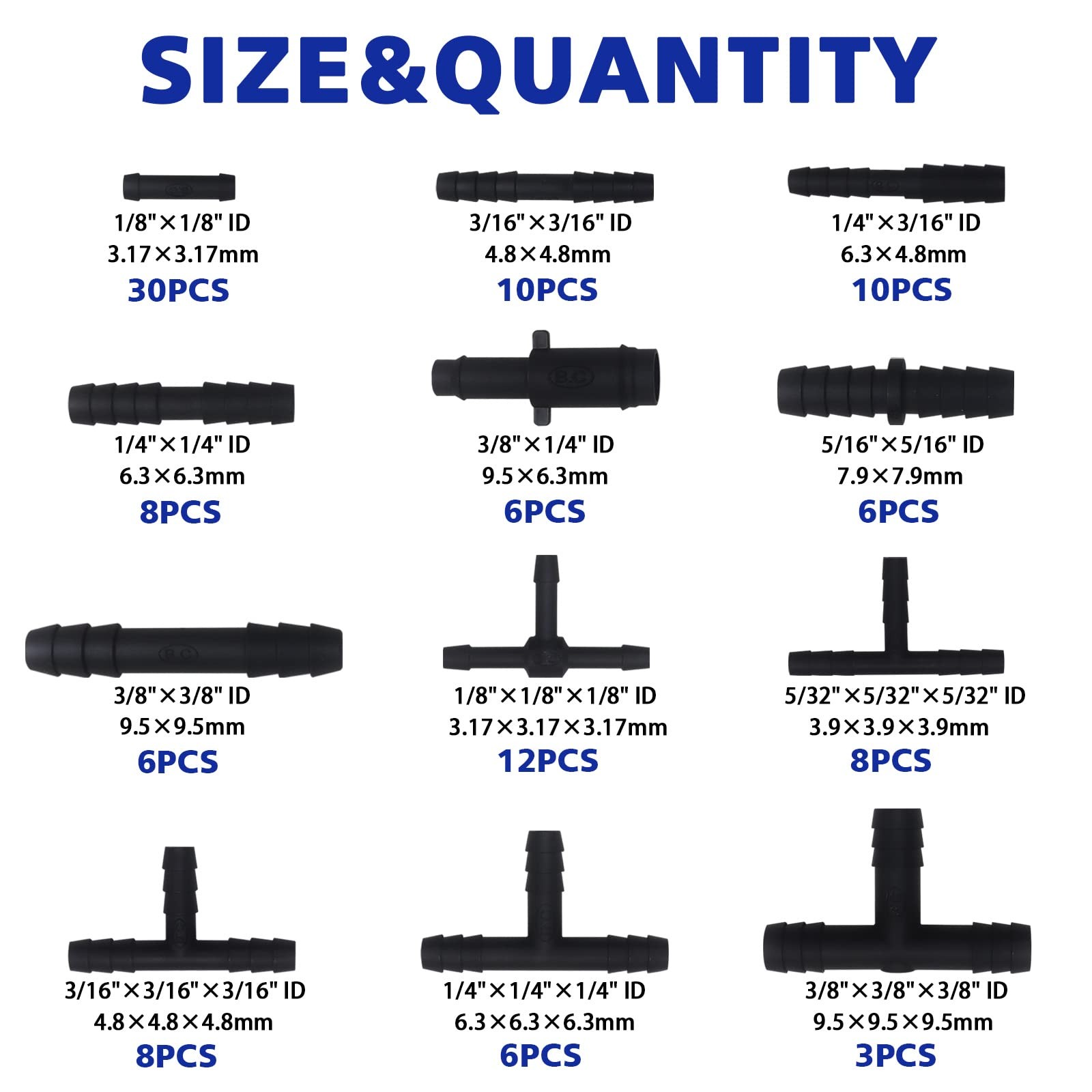 Vacuum Connector Assortment 113 PCS Heat Varies (1/8″ to 3/8″), Black