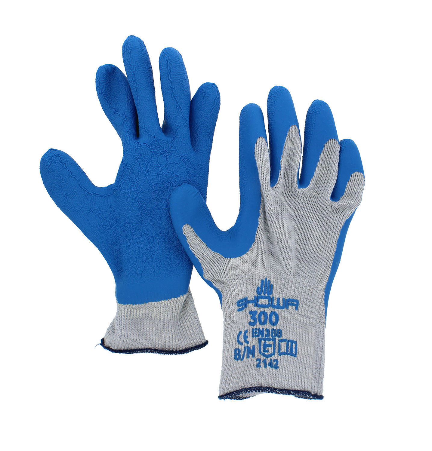 Showa ATLAS Fit 300 Latex Palm-Dipped Blue Rubber Work Gloves, 144-Pairs / Case