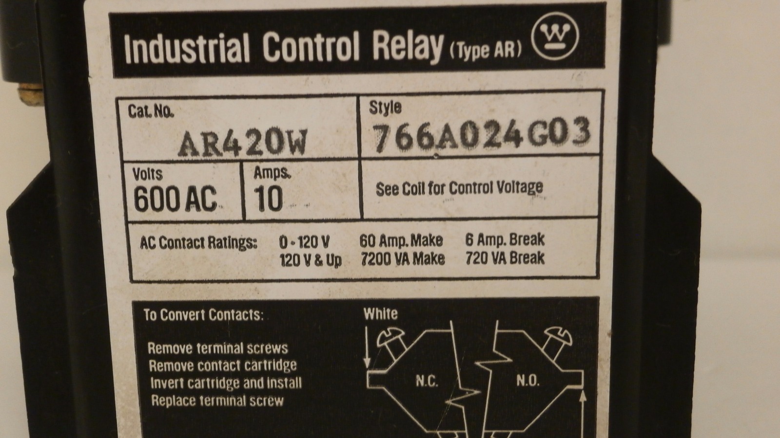WESTINGHOUSE INDUSTRIAL CONTROL RELAY 10AMPS/600VAC AR420W