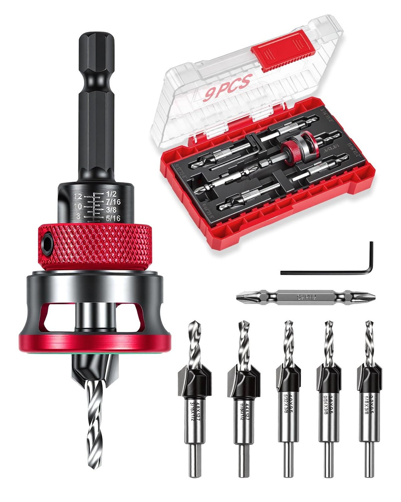 9 PCS Countersink Drill Bits Set, 5PCS Two-Flute TCT Alloy Tapered Drill Bits…