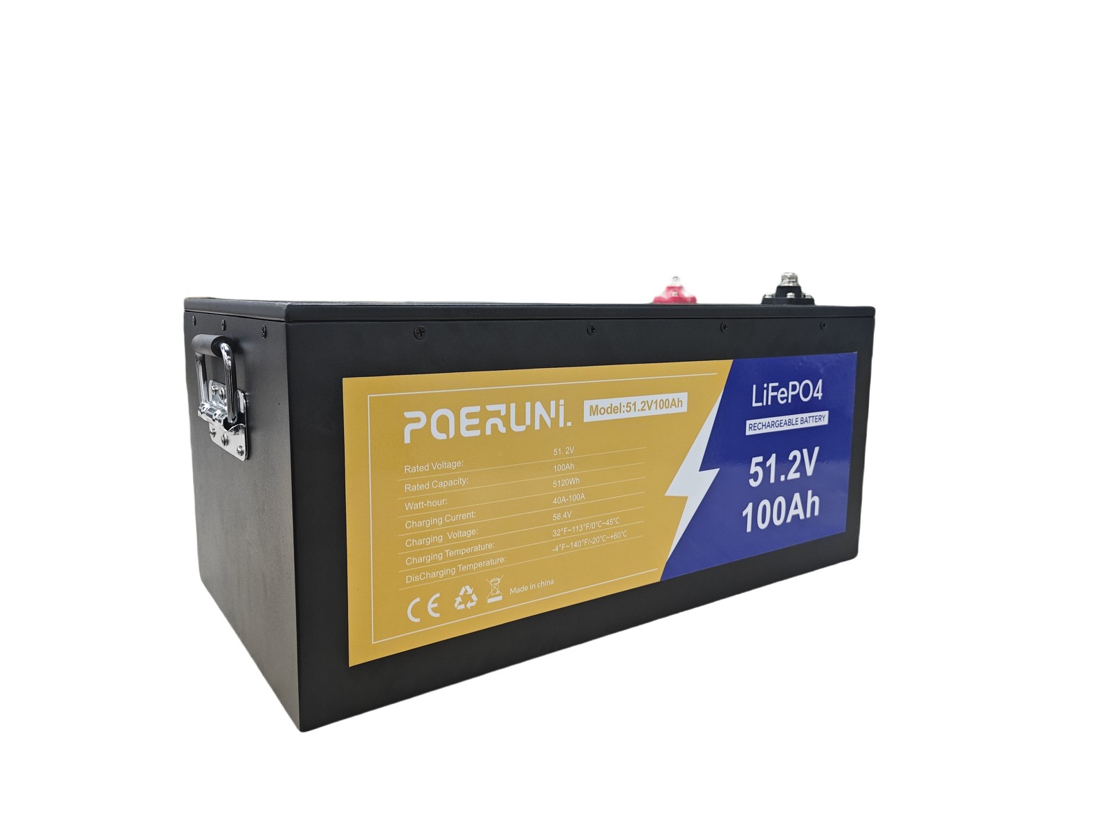 POERUNI 48V 100AH LiFePO4 Lithium Battery with 20A Charger Metal Case Golf Cart