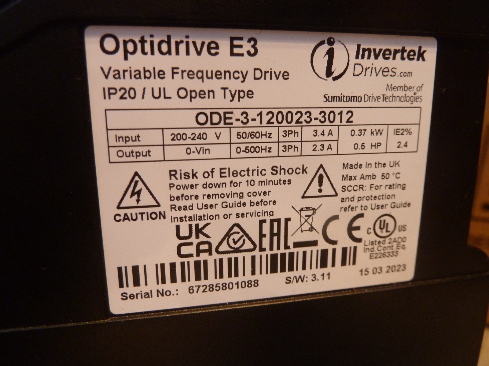 Invertek Optidrive E3 ODE-3-120023-3012 Variable Frequency Drive IP20 / UL Open