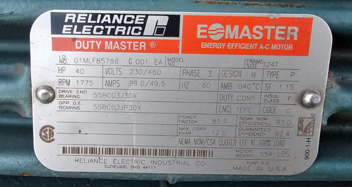 40 Hp Reliance E-Master AC Electric Motor 01MLF85786, 324T Frame 230/460V, 3 ph