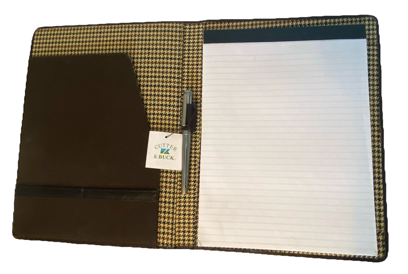 Cutter & Buck Organizer Portfolio w C&B Pen Brown Leather Houndstooth w Box READ