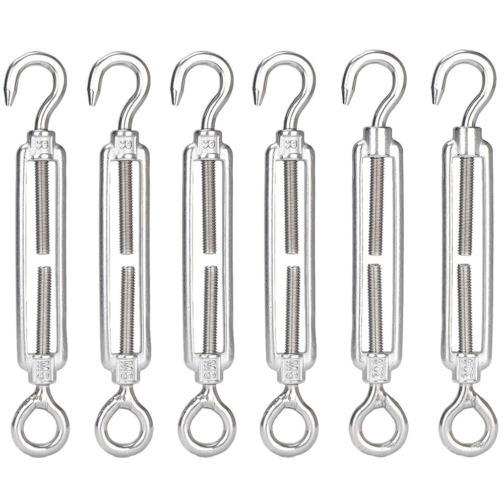 YAMASO 6Pcs M6 Hook & Eye Turnbuckle Wire Rope Tensioner Stainless Steel 304