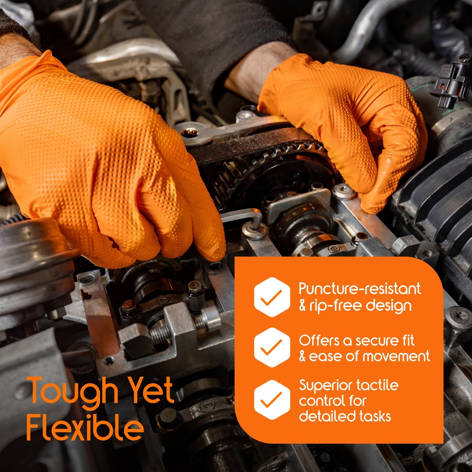Heavy Duty Orange Nitrile Gloves | 8 Mil Diamond Textured Grip | Industrial Clea