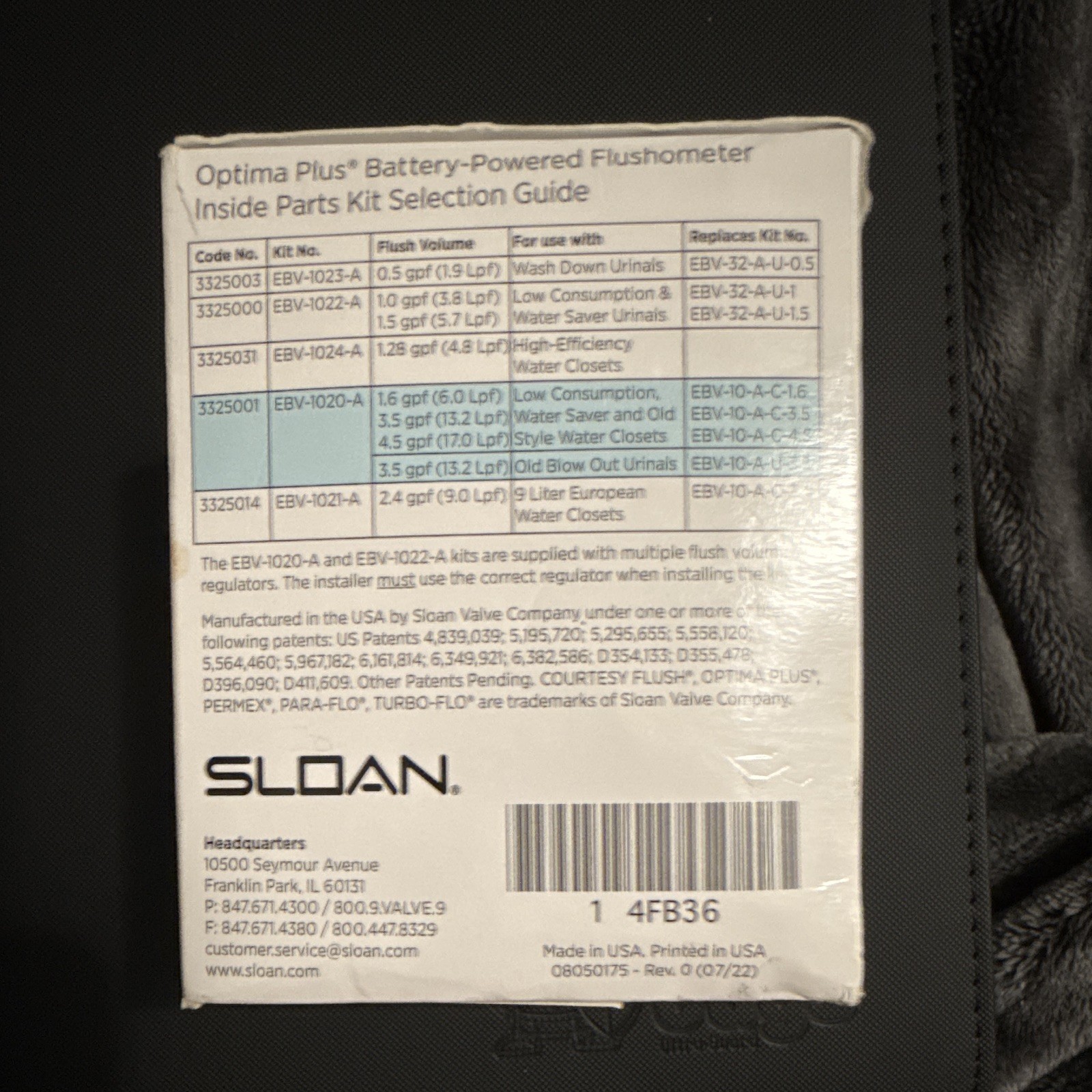 Sloan Optima Plus EBV-1020-A Automatic Solenoid Flush Valve Repair Kit