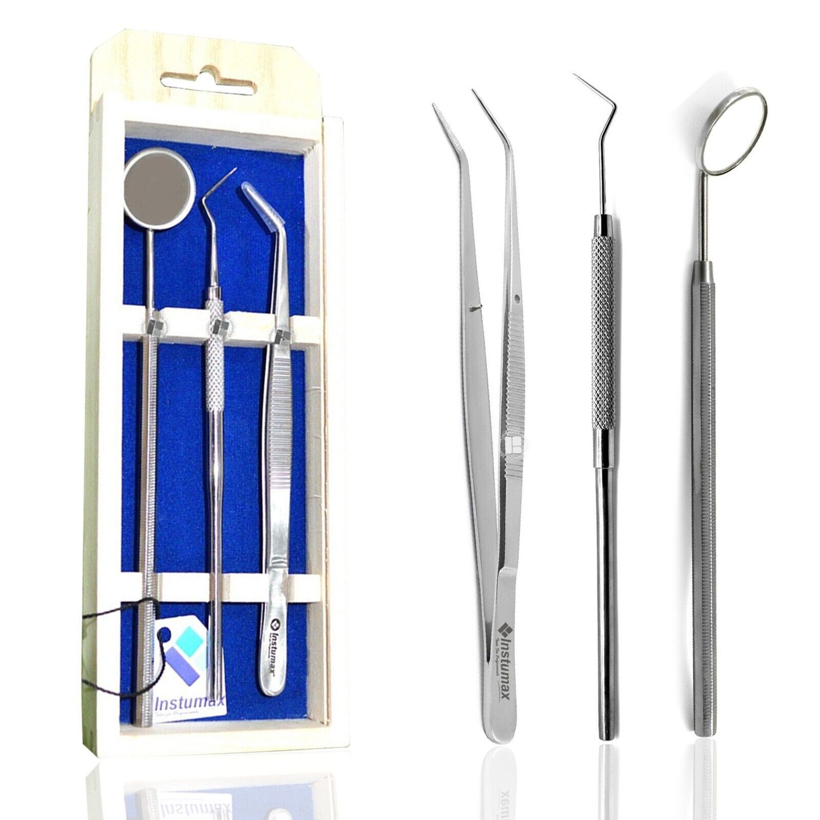 Examination Kit Basic Hygiene Tweezer Mirror Explorer Cleaning Tool Wooden Box