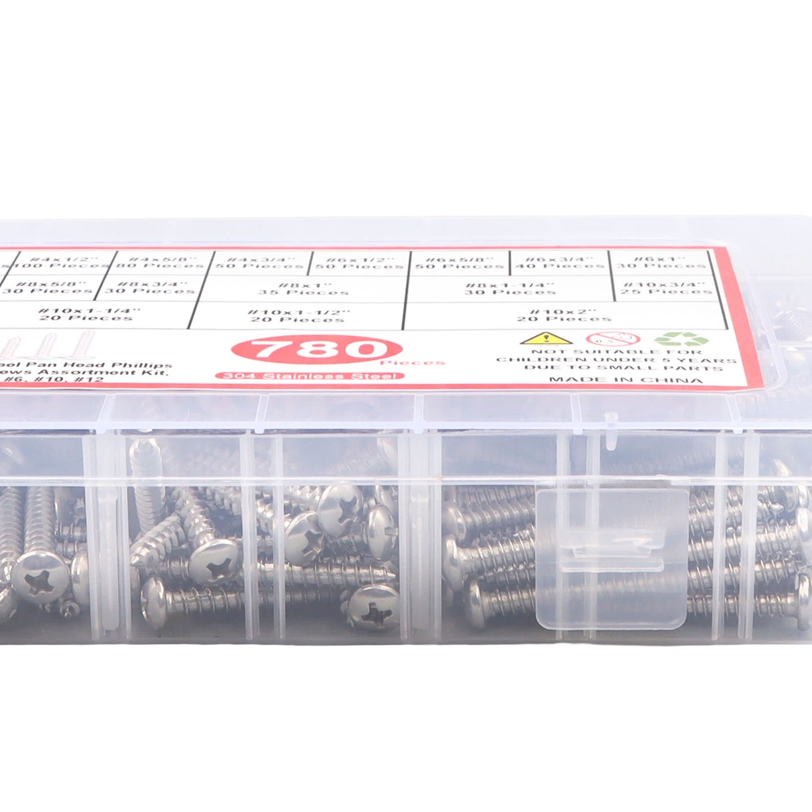 780 Pcs Pan Head Sheet Metal Screws Assortment Kit #4#6#8#10 Stainless