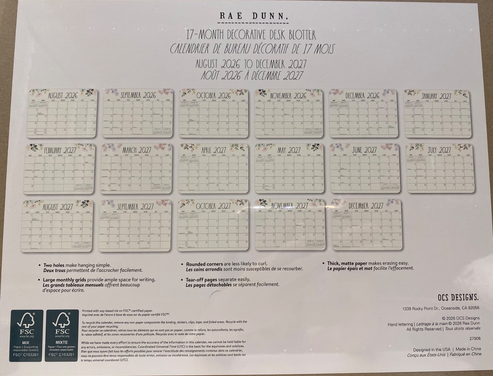 Rae Dunn ❤️2027 17-Month Desk Blotter Calendar/Planner “Flower” New