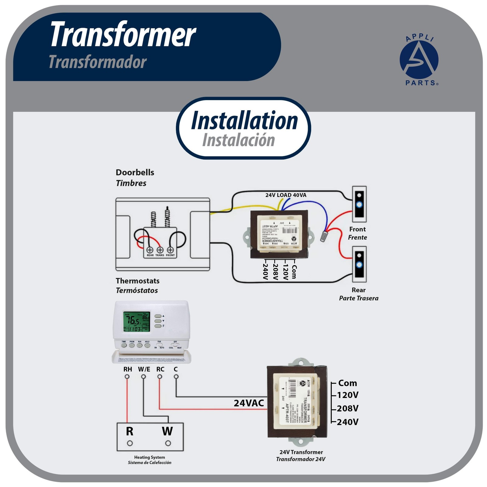 Appli Parts APTR-403T Transformer 120, 208, 240 V to 24 V, 40 Va Foot Mount 1/4