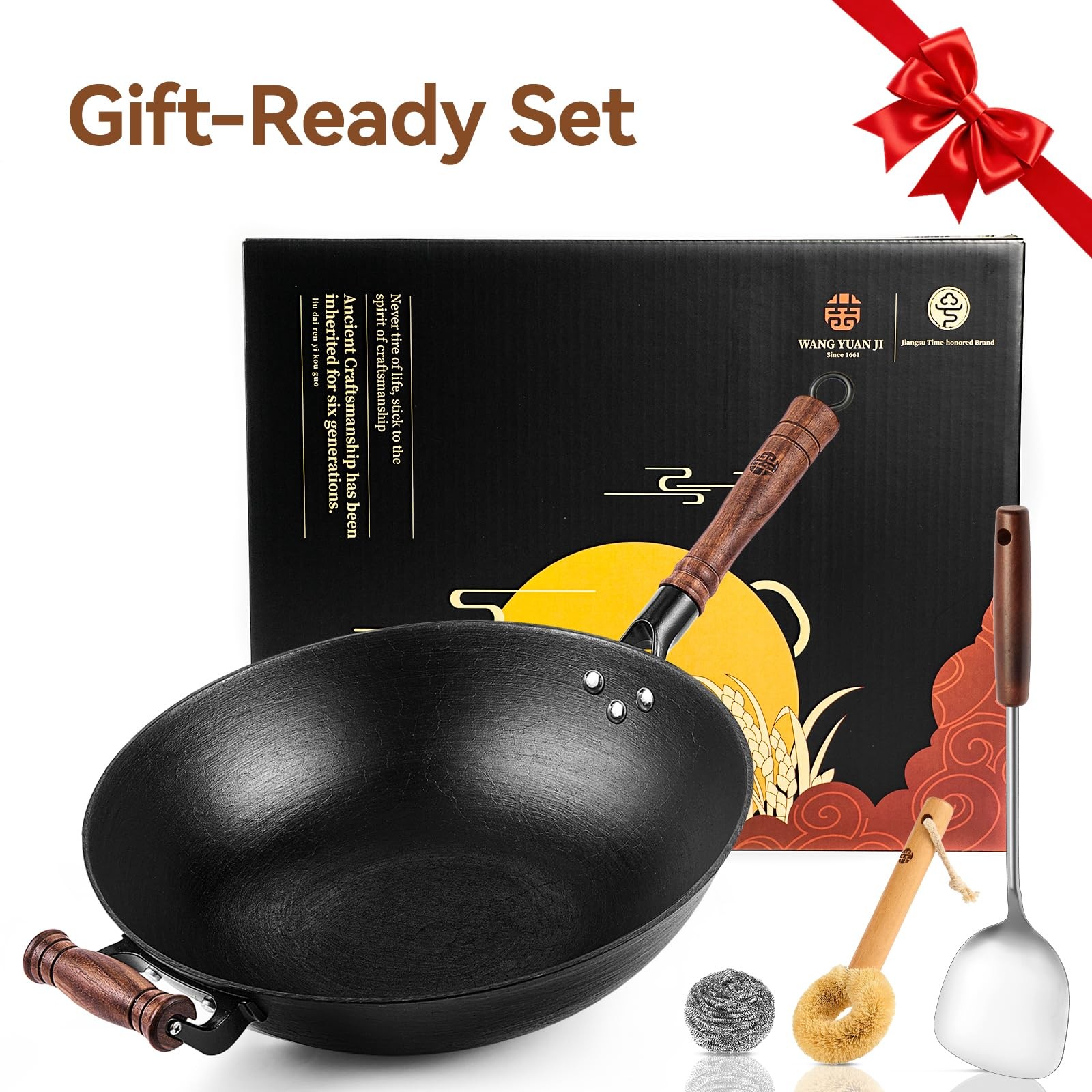 Wangyuanji Cast Iron Wok Pan Lid 14.2 Inch Flat Bottom Uncoated Stir Fry