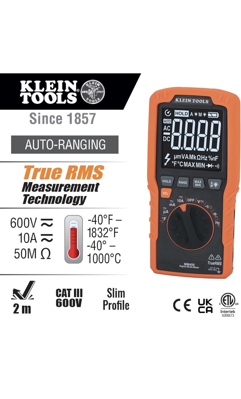Klein Tools MM450 Slim Digital Multimeter TRMS Auto-Ranging 600V