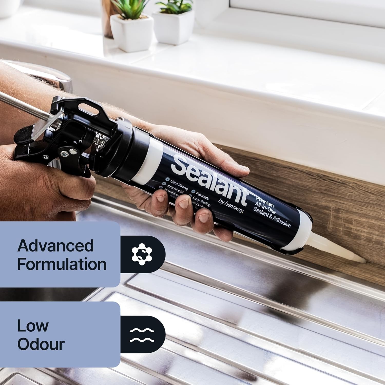 Jet Black Construction Sealant and Adhesive for Wood, Metal, and Concrete