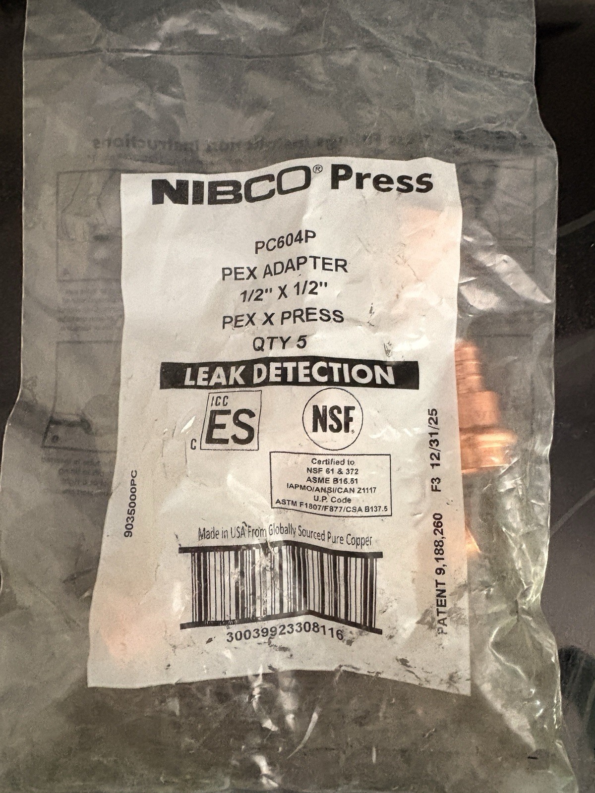 Nibco PC604P 1/2″ X 1/2″ PEX X Press Copper Adapter OEM QTY 5