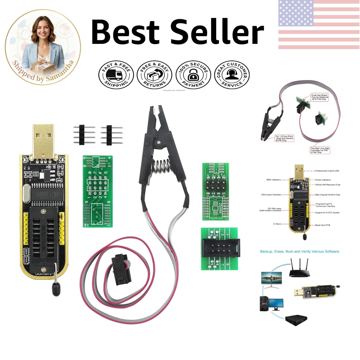 In-Circuit SOIC8 Clip & CH341A USB Programmer with PDF Tutorial Included