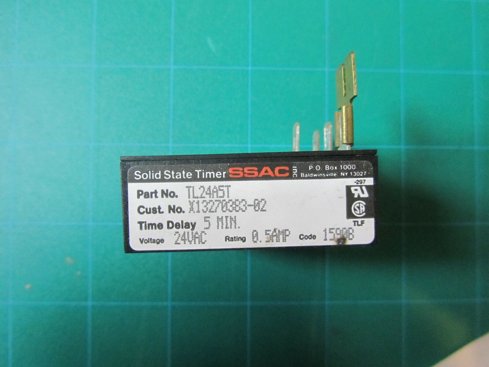 SSAC 5 MINUTE TIME DELAY SOLID STATE TIMER TL24A5T, 24VAC .5 Amp, USED