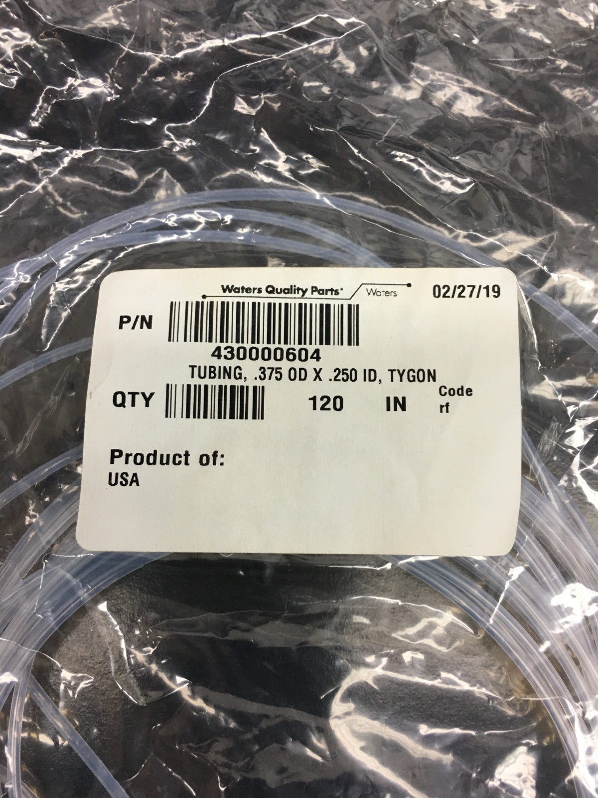 Waters PN 430000604 Tubing .375 OD x .250 ID TYGON 2075 120 IN