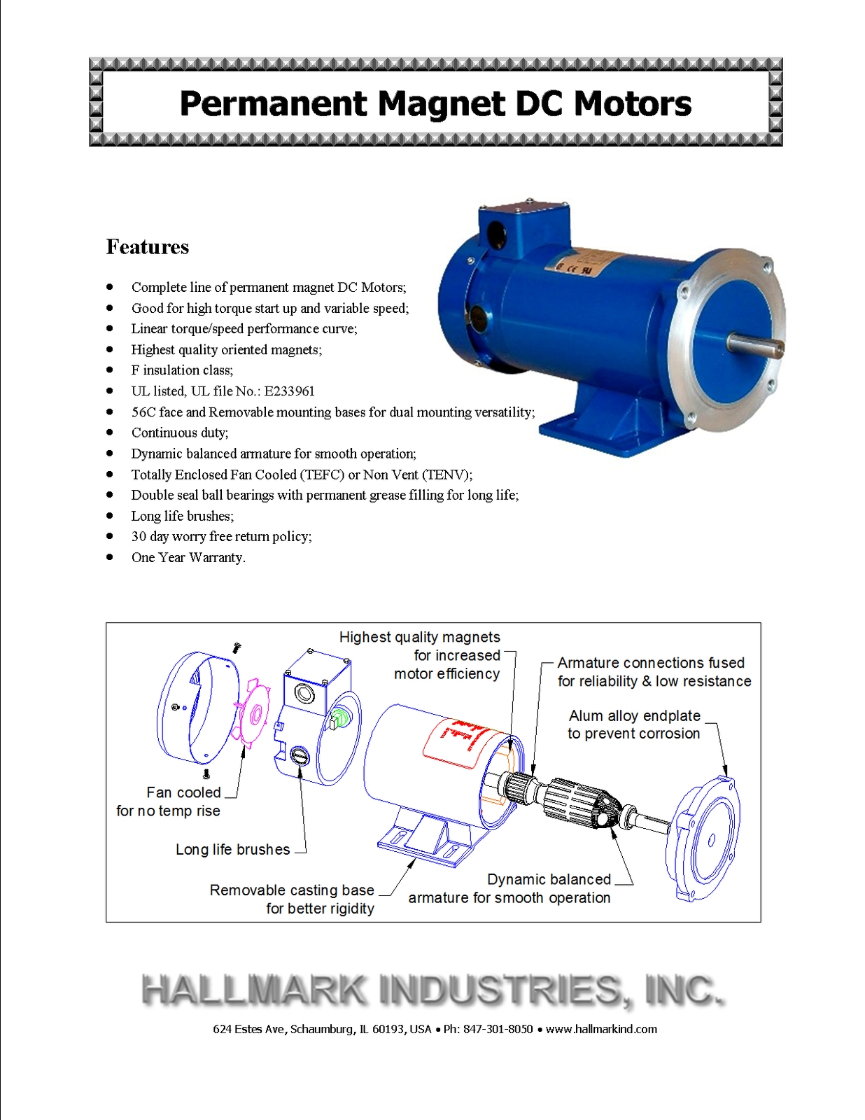 DC MOTOR, 1/2HP, 56C, 24V, 1750RPM, TEFC, Hallmark Industries