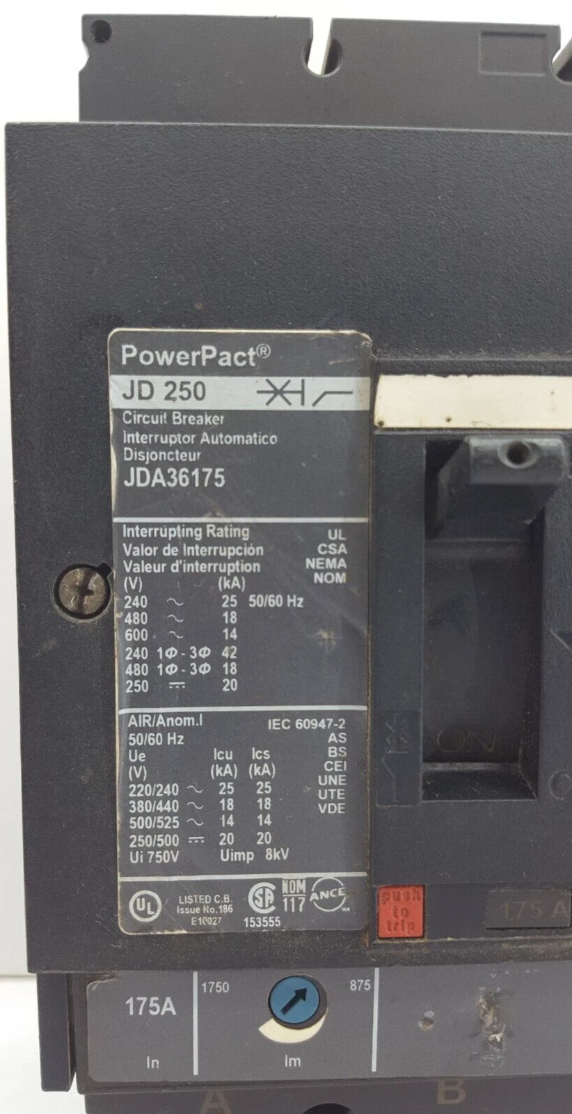 SQUARE D JDA36175 POWER PACT CIRCUIT BREAKER 175A 3P 600V 175 AMP 3 POLE JDA