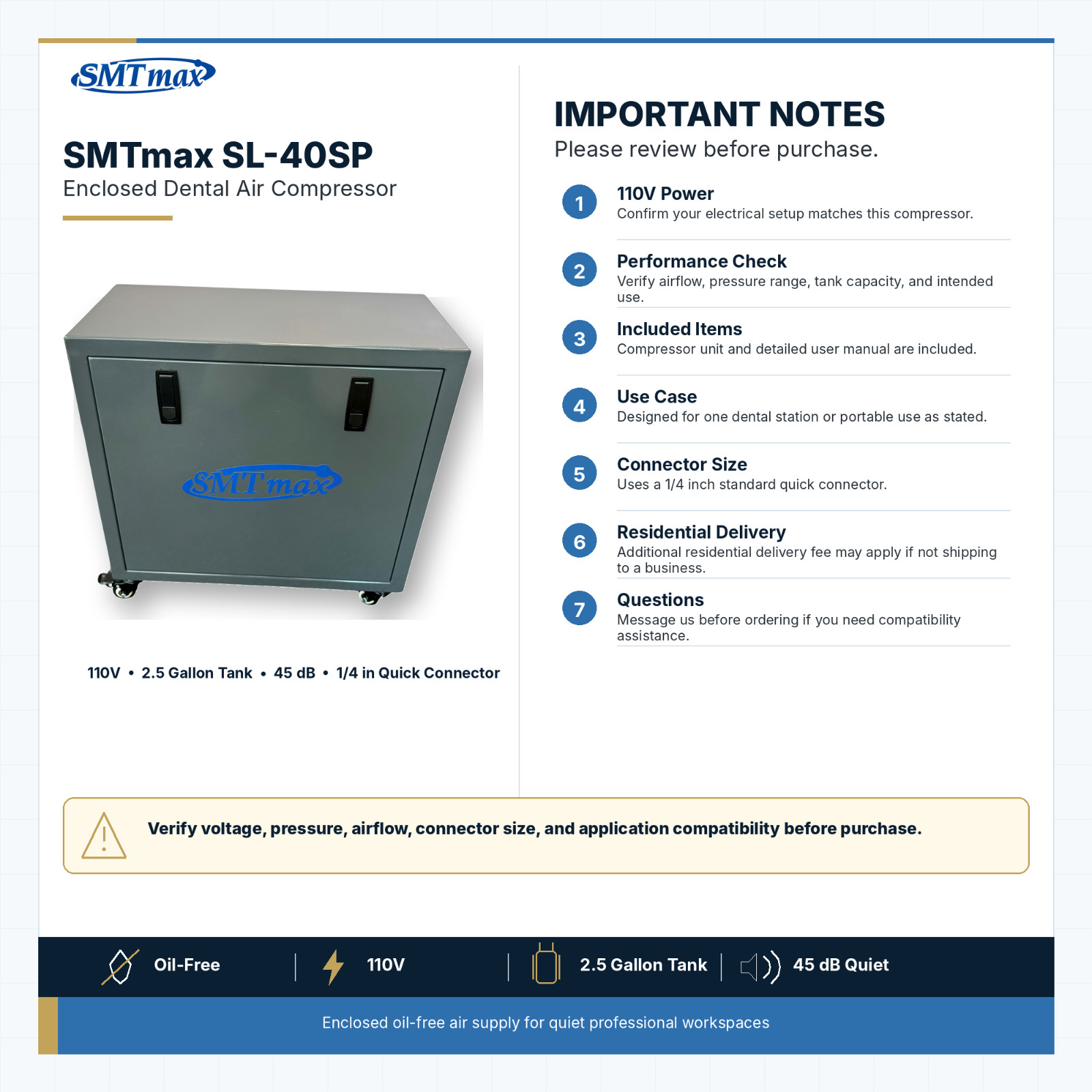 SMTmax SL-40SP Enclosed Oil-Free Dental Air Compressor – Quiet, Mobile, & (110v)