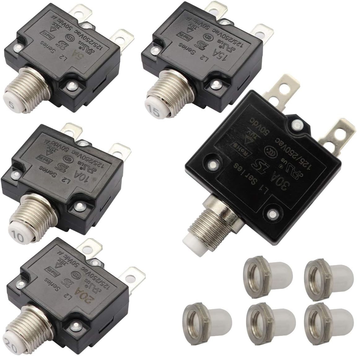 5-Piece Circuit Breaker Set with Push Button Reset for Automotive and Marine Use